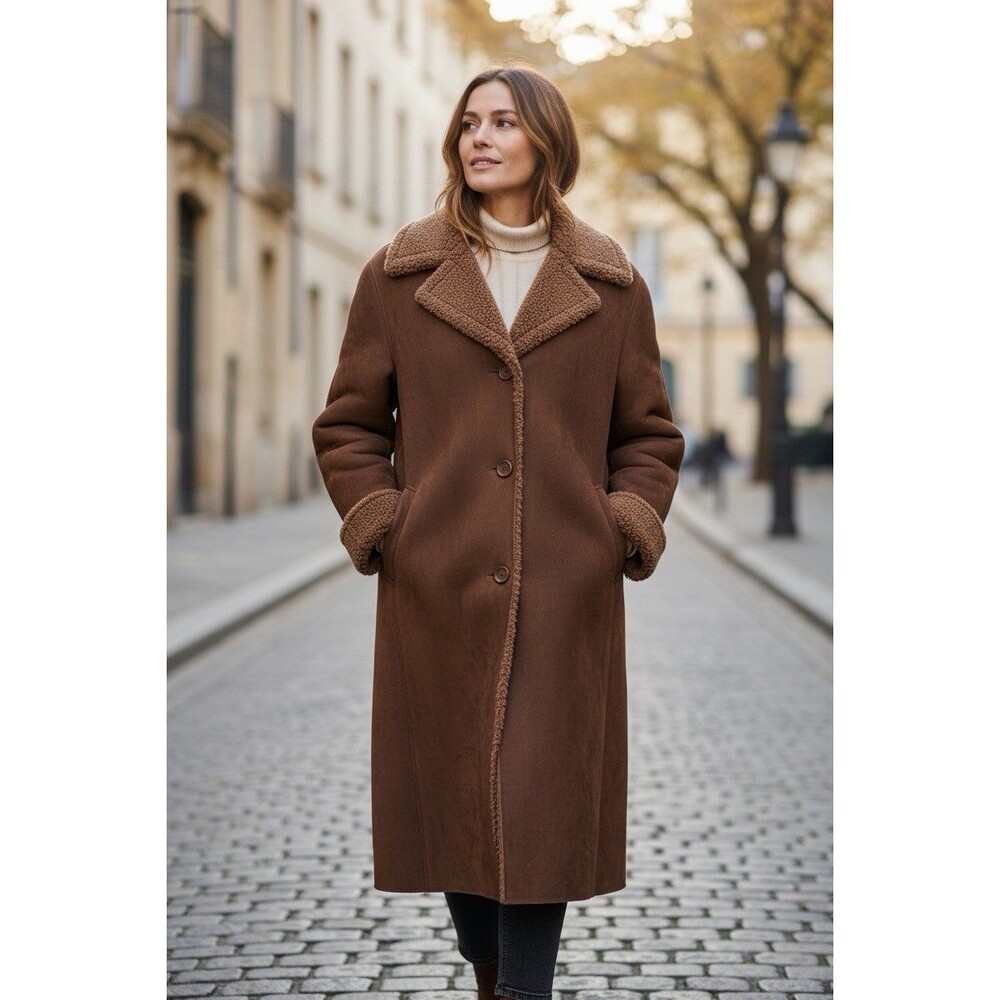 Lands' End Women's Brown Faux Suede Shearling Lined Winter Coat XL